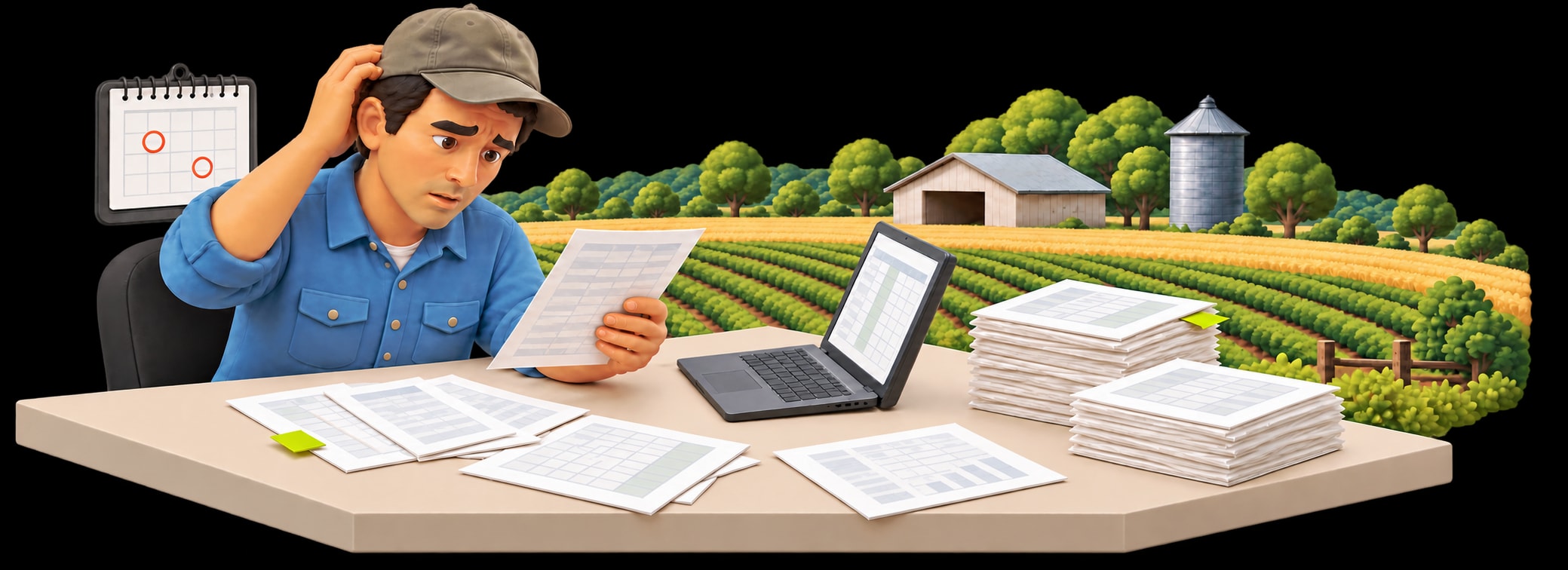 Illustration of a farmer working through spreadsheets and paperwork, with crops and farm buildings behind him.